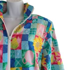 Vintage 90s Colorful Full Zip Windbreaker Jacket L Mixed Print Floral Funky